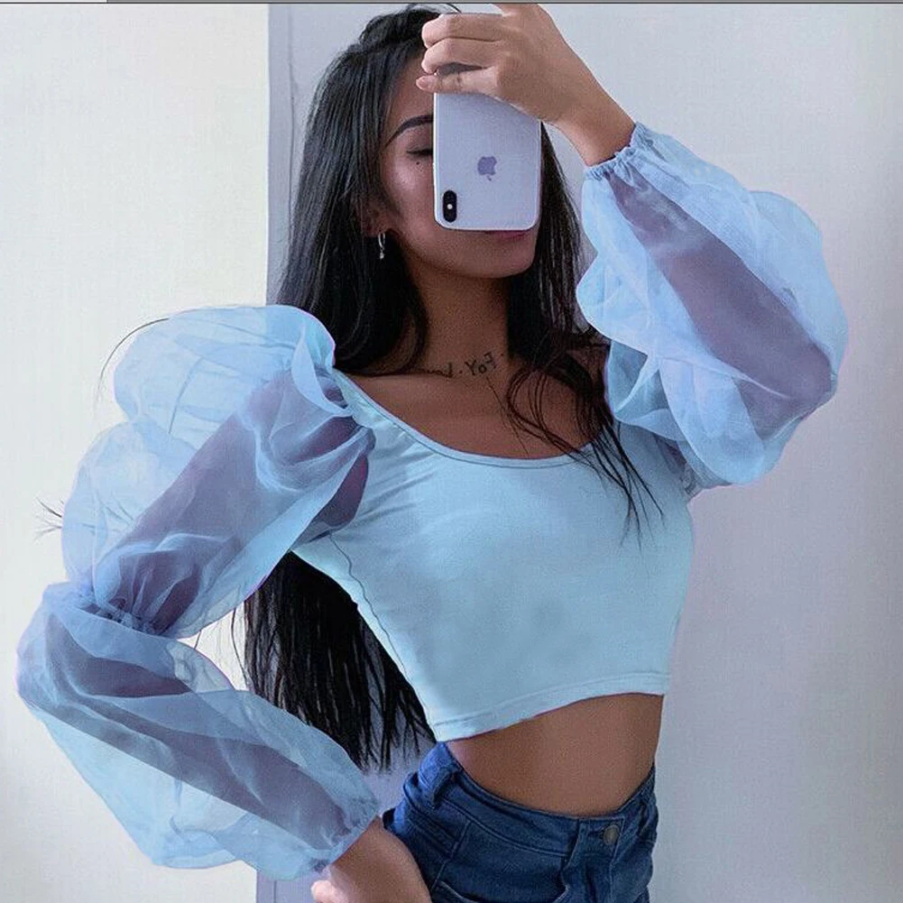 

2021 Autumn Women Backless Patchwork Slim U-Neck T-Shirt Tees Sexy Mesh See Through Perspective Lantern Long Sleeve Crop Tops