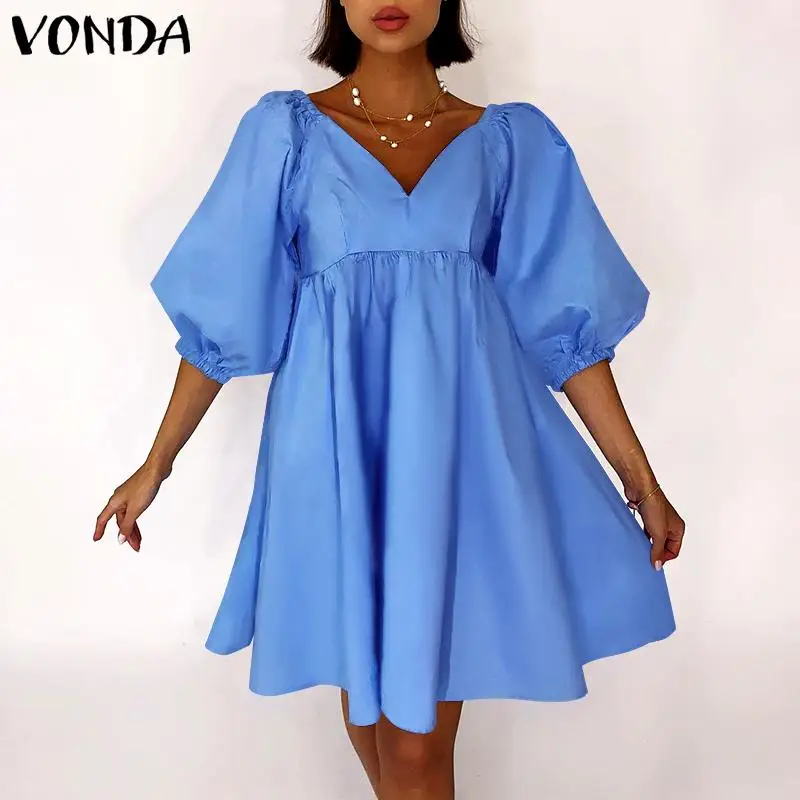 

Women Dress 2021 VONDA Summer Sundress Solid Color Sexy V Neck Puff Sleeve Holiday Mini Dresses Pleated Party Vestidos