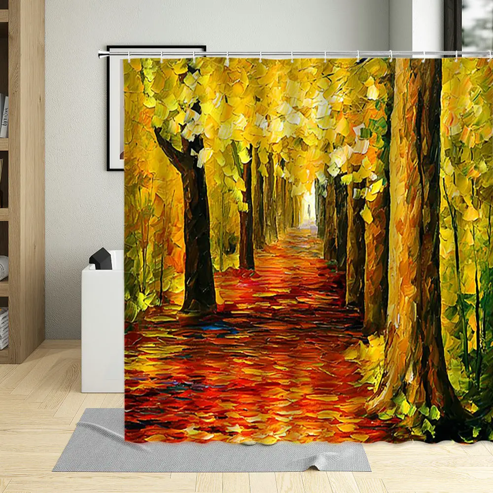 

Осенняя занавеска для ванной из полиэстера с изображением жёлтого леса