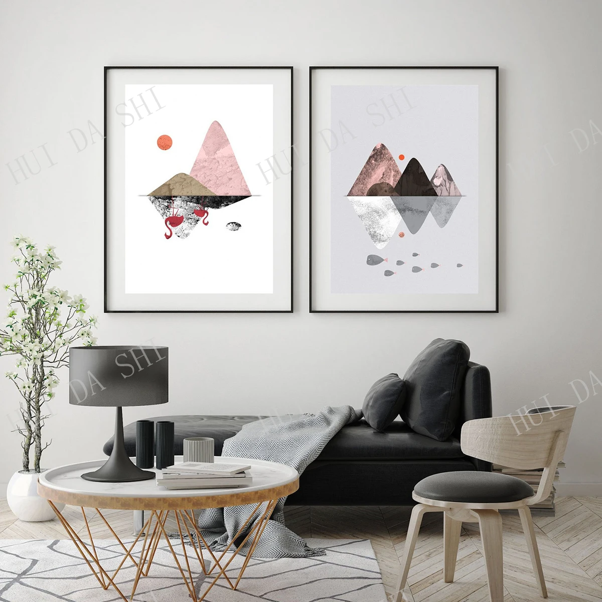 

Flamingo Island Scenery Diptych, Modern Seascape Set, Flamingo Wall Art, Pink Flamingo Print, Mountain Abstract Landscape Art