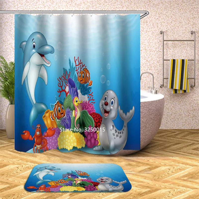 

Cute Cartoon Sea Creatures Goldfish Dolphin Starfish Octopus Exotic Style African Woman Waterproof Shower Curtain with Hook