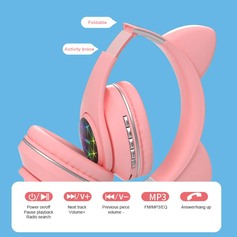 Bluetooth Headphones Wireless Cat Cute Ear Headphone Foldable Headset Support TF Card/FM Radio/Bluetooth AUX Stereo | Электроника