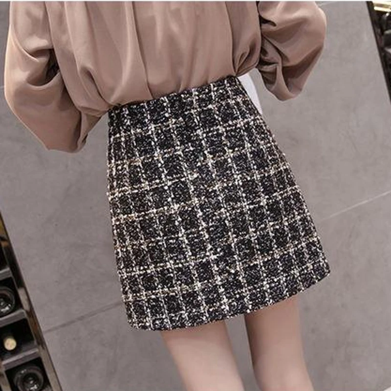 Осенне зимняя шерстяная мини юбка 2019 Женская винтажная клетчатая золотистая