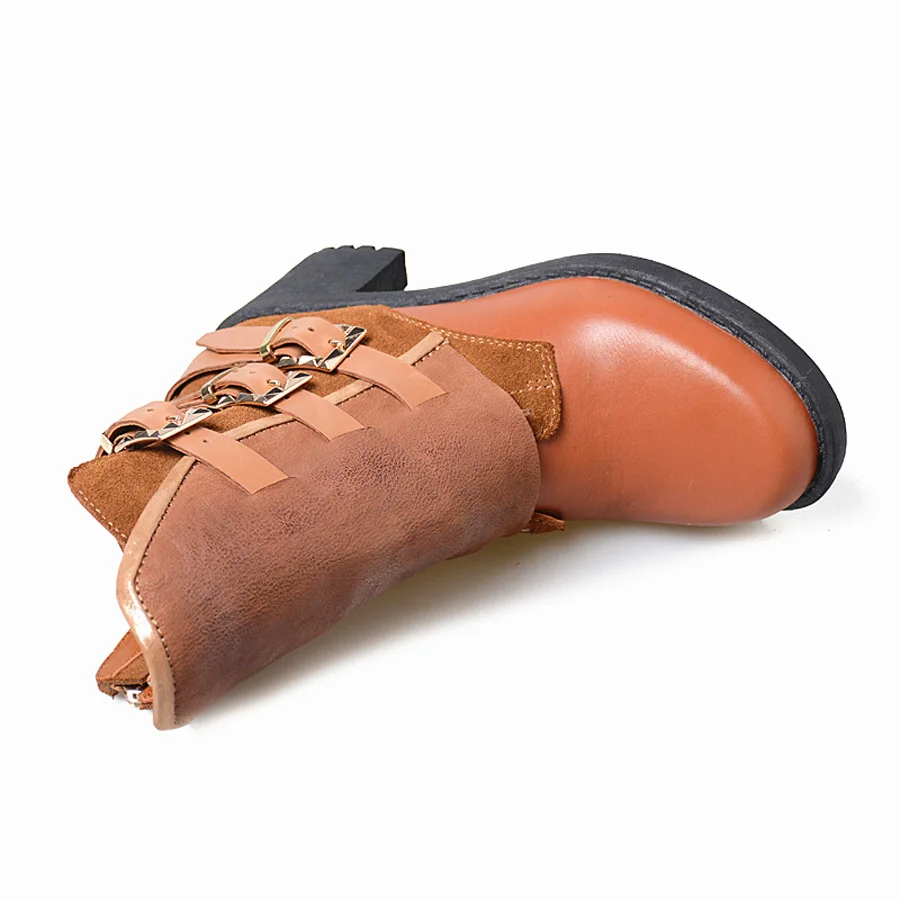 

Prova Perfetto New Genuine Leather Winter Boot Women Mixed Color Belt Buckle Thick Bottom High Heel Motocycle Boots Females