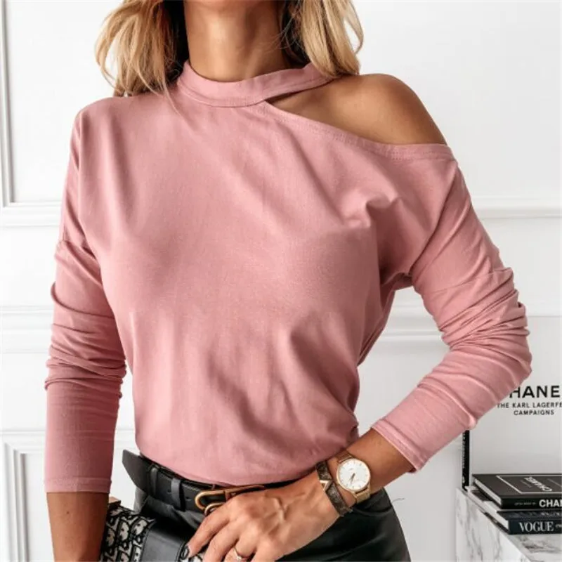 

Women 2020 Cold Shoulder Bandage T-Shirts Long Sleeve Solid Color T Shirts Casual O-Neck Lady Tee Shirts Tops Wear Autumn Spring