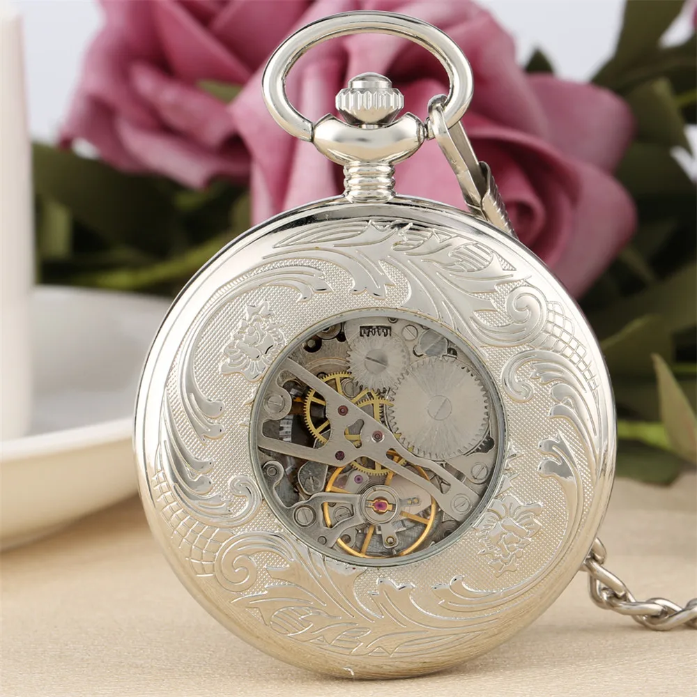 Classic Silver Mechanical Hand Wind Pocket Watch Roman Number FOB Pendant Chain Exquisite Pattern Half Hunter Pocket Timepiece