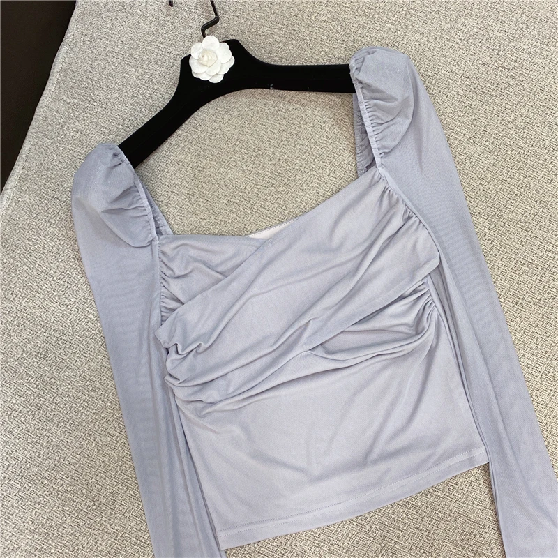 

Sexy Blouse Women New All-Matching Puff Mesh Sleeve Inner Wear and Outer Wear Tight Shirt Lady's Top