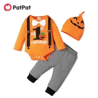 patpat halloween 3pcs letter and pumpkin print bowknot baby romper set