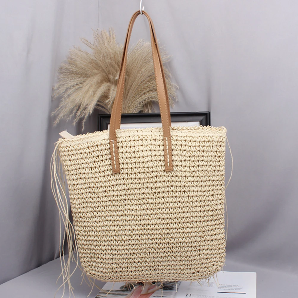 

Fashion Women Straw Woven Tassel Shoulder Shopping Bag Casual Ladies Large Capacity Tote Handbags Female Travel Square Bags 2021