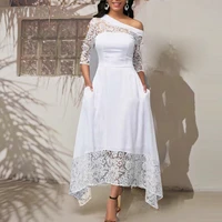 elegant sexy diagonal collar lace evening party dress women bridesmaid sheer lace crochet white hollow out irregular long dress