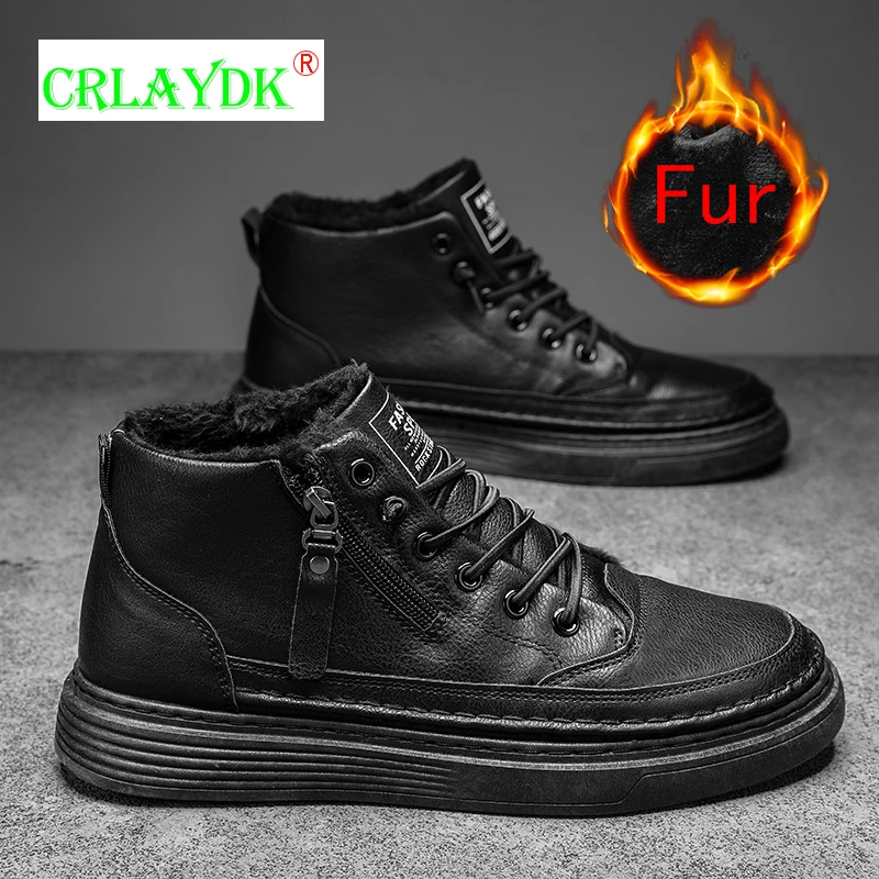 

Повседневные мужские ботинки CRLAYDK, зимние теплые кожаные кроссовки с меховой подкладкой, уличные водонепроницаемые деловые рабочие коротк...