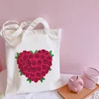 Холщовая женская сумка через плечо с розовым сердцем и цветочным принтом, экологически чистые многоразовые мешки для покупок для путешествий, подарок на день Святого Валентина