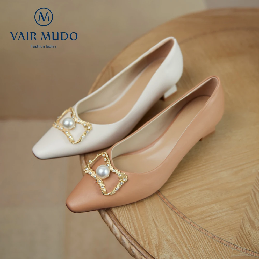 

VAIR MUDO Women Pumps Shoes Fashion Mary Janes Genuine Leather High Heels Pointed Toe Casual Metal Decoration Slip-On D191L