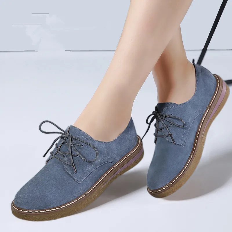 Женские туфли оксфорды с круглым носком на шнуровке из замши|Обувь без каблука| |