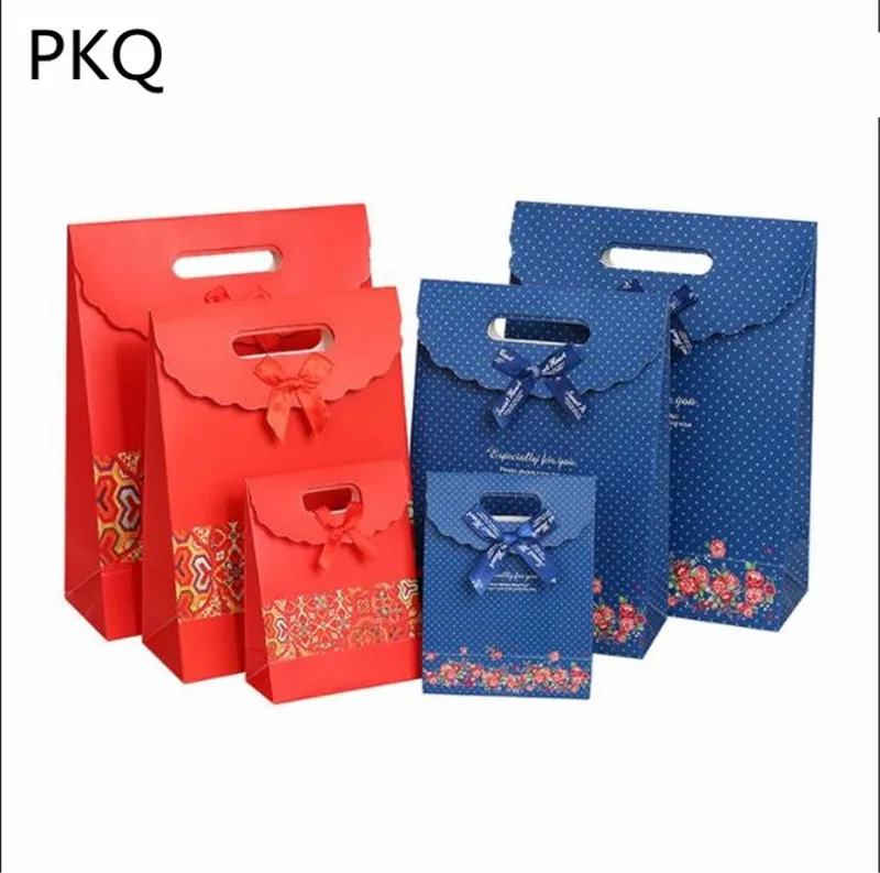 

New Arrival Small Paper Bag With Handles Red/Blue Gift Bag for Candy/Jewelry Packaging Bag with Bow Business Supplies 20pcs