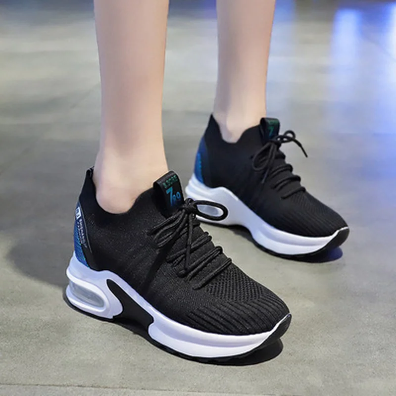 

Women's Sneakers Spring Sequined Casual Shoes Women Platform Heels Wedges Height Increasing 2021 Knitted Ladies Vulcanized Shoes