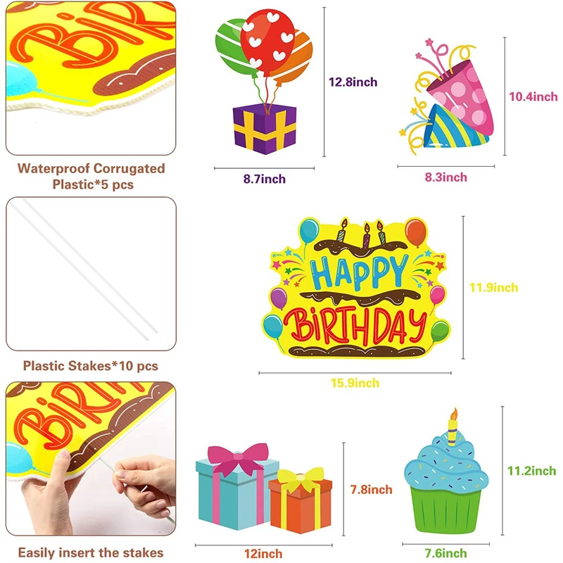 

5Pcs Happy Birthday Yard Signs Plastic Stake Cupcake Balloon Pattern Waterproof Home Lawn Outdoor Garden Courtyard Party Decor