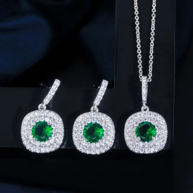 Green CWWZircons, Брендовое роскошное ожерелье, кулон и серьги, модный желтый кубический цирконий, ювелирный набор T022 - Окраска металла: Green