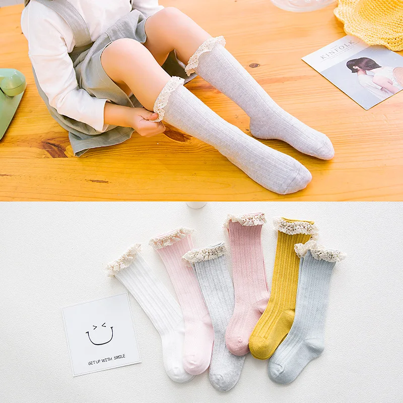 

Kid Princess Girls Socks Children's Knee High Socks with Lace Baby Candy Color Leg Warmers Cotton Socks Spring Style