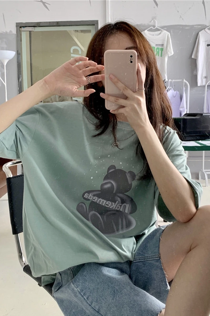 

Real shot 2021 summer new versatile short sleeve loose T-shirt blouse printed girl student anime crew neck