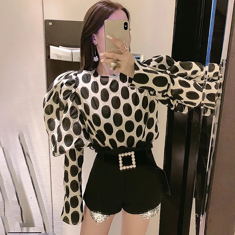 CHICEVER винтажная женская рубашка в горошек с круглым вырезом пышным длинным