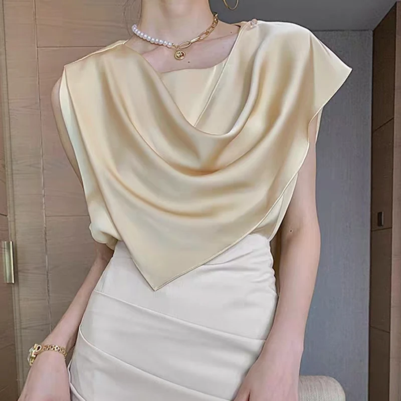 

French 2021 Summer Fashion Blouse Solid O-neck Silk Sleeveless Shirt for Women Elegant Casual Office Lady Satin Tops Blusa 15510