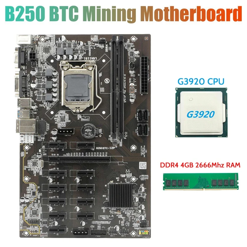 Материнская плата для майнинга B250 BTC с процессором G3920 или G3930 + DDR4 4G 2666 МГц ОЗУ