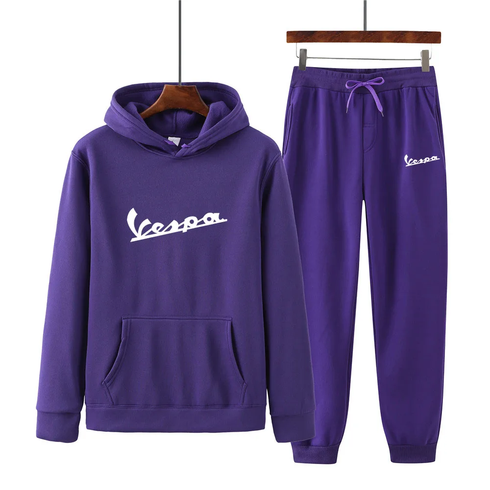

Men's spring and autumn VESPA print hoodie sweater + casual pants two-piece suit of the same color fashion trend men