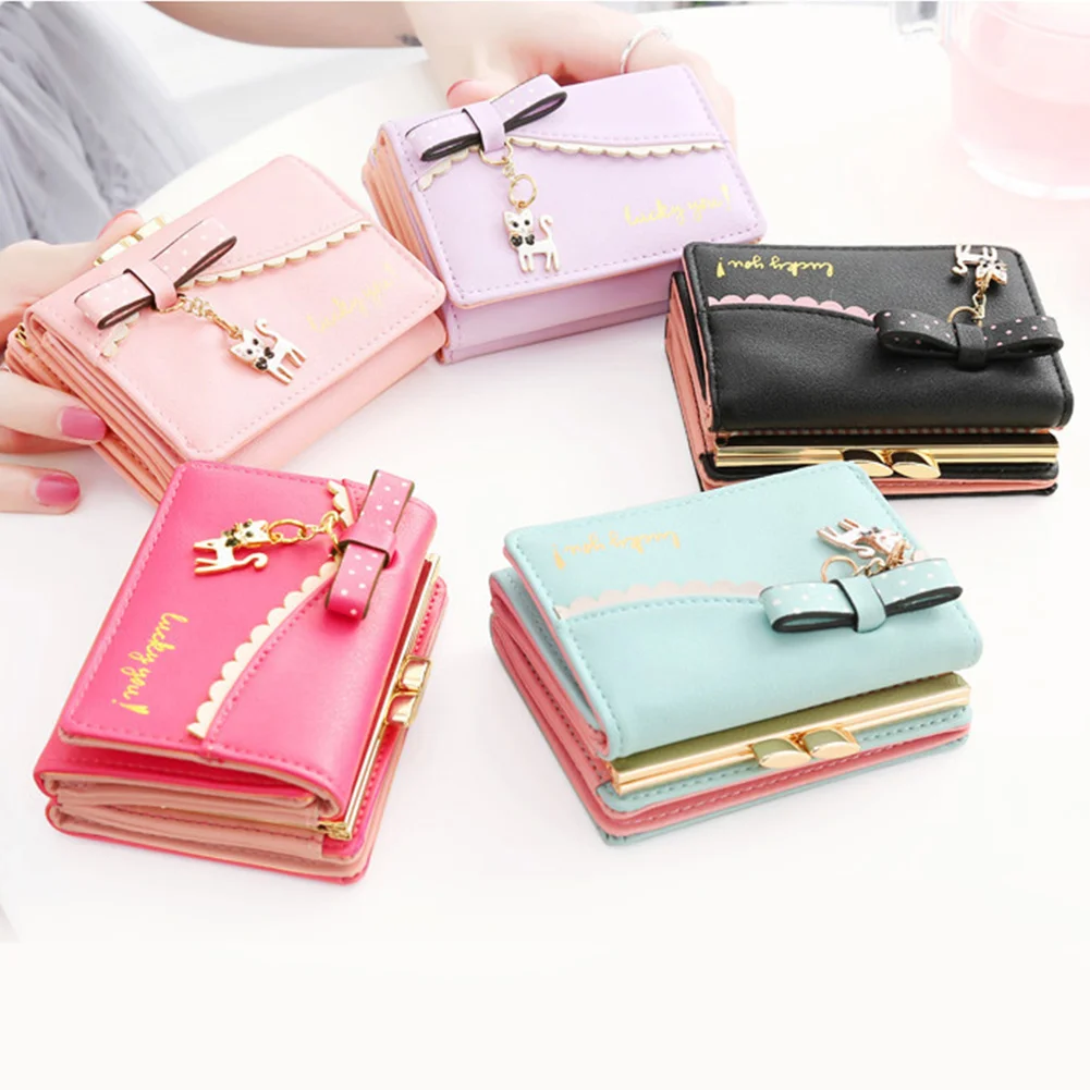 

Women Holders Wallet Card Synthetic Leather Cat Pendant Cartoon Cute Zipper Hasp Money Bag Coin Purse