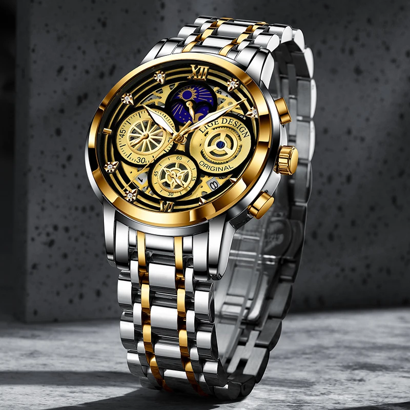 

Часы наручные LIGE Мужские кварцевые, брендовые Роскошные Большие водонепроницаемые светящиеся спортивные, из нержавеющей стали, золотистые