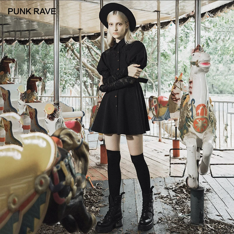 Женское платье-рубашка с рукавами-фонариками и поясом в стиле панк готический