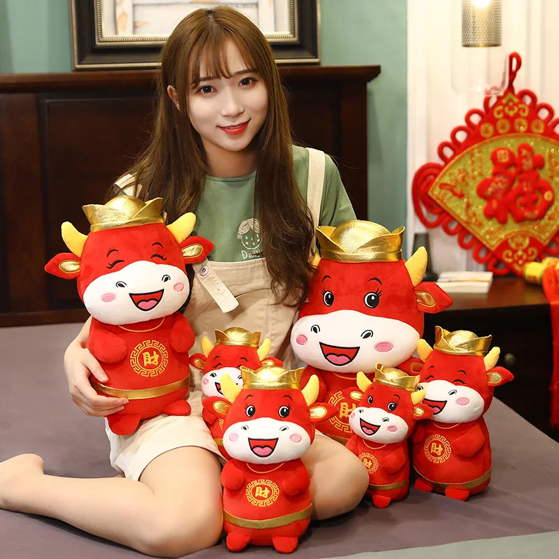 

22-45cm 2021 Chinese Zodiac Ox Cattle Plush Toys Red Milk Cow Mascot Plush Doll Stuffed For Children Kids Birthday Gift