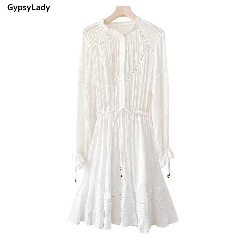 

GypsyLady White Lace Mini Dress 100% Cotton Casual Chic Holiday Women Dress Ruffles Sheer Boho Sexy Ladies Female Dresses 2021