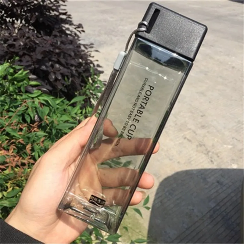 transparent black 450 мл пластиковая бутылка для воды, портативная Квадратная бутылка для фруктового сока, Герметичная Бутылка для спорта на открытом воздухе, Путешествий, Походов, Кемпинга - Цвет: transparent black