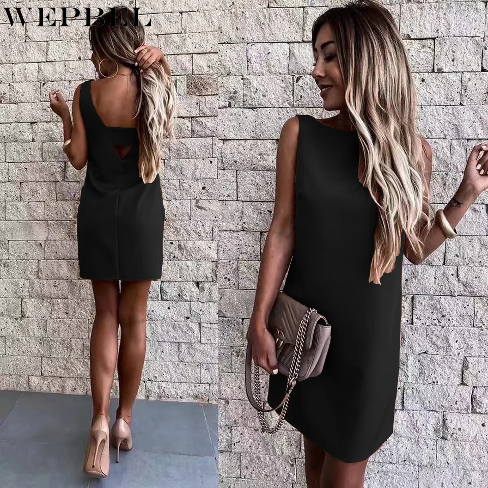 

WEPBEL Spring Summer Sexy Solid Color Slim Fit Backless Dress Women's Casual Sleeveless O-Neck High Waist Mini Dress