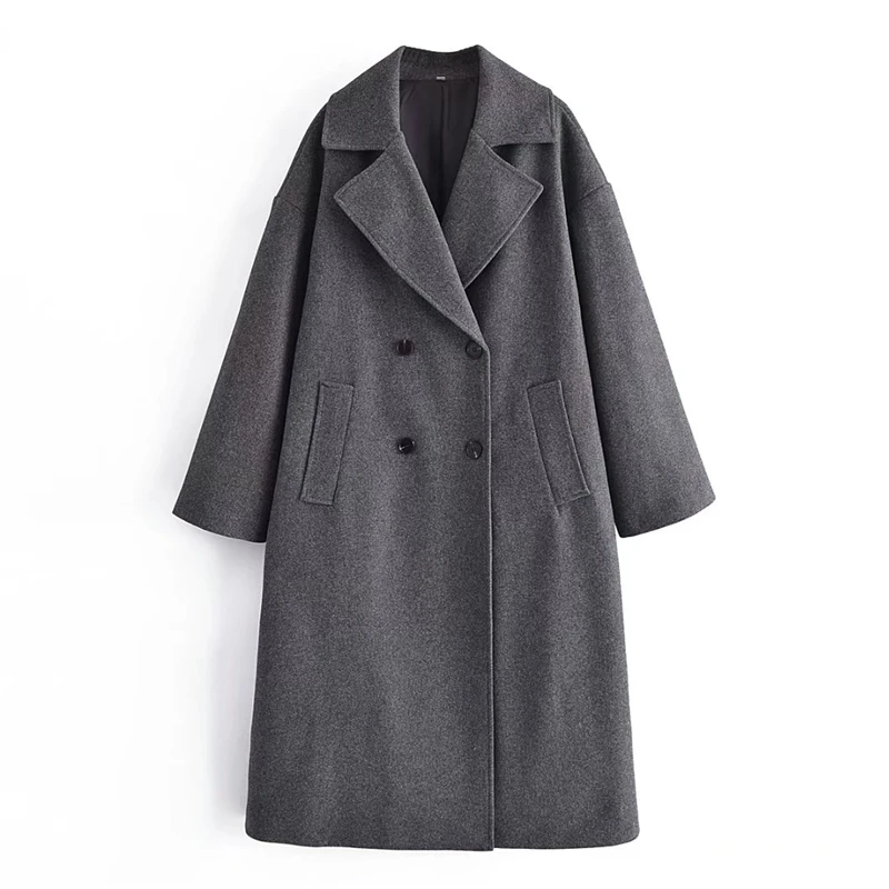 

ZXQJ Vintage Women Turn Down Collar Woolen Coats 2021 Fashion Ladies Double Breasted Outerwear Causal Female Pocket Long Coats
