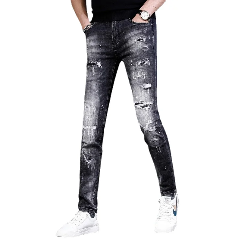2022 Summer Black Ripped Jeans Men Slim Fit Pants White Splash Print Jean Streetwear Casual Stretch Patches Denim Trousers