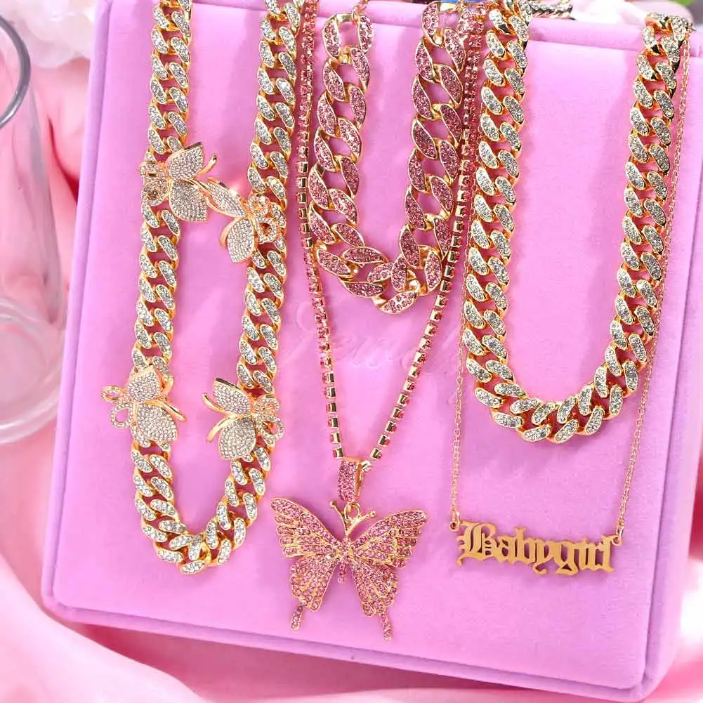 

Flatfoosie Iced Out Full Rhinestone Cuban Chain Necklace Women Multilayer Crystal Butterfly Letter Pendant Necklace Punk Jewelry