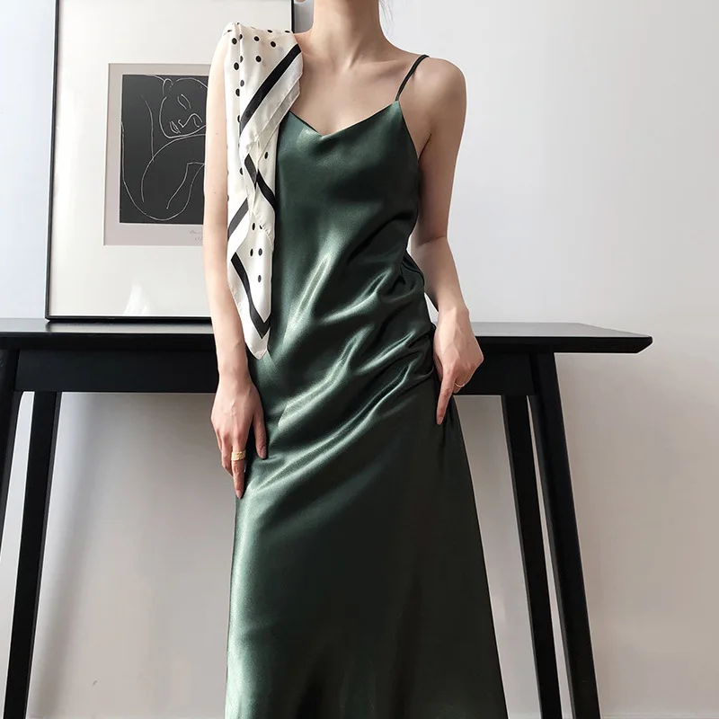 

satin silk with long skirt French light luxury V-neck sexy suspender dress for women in summer