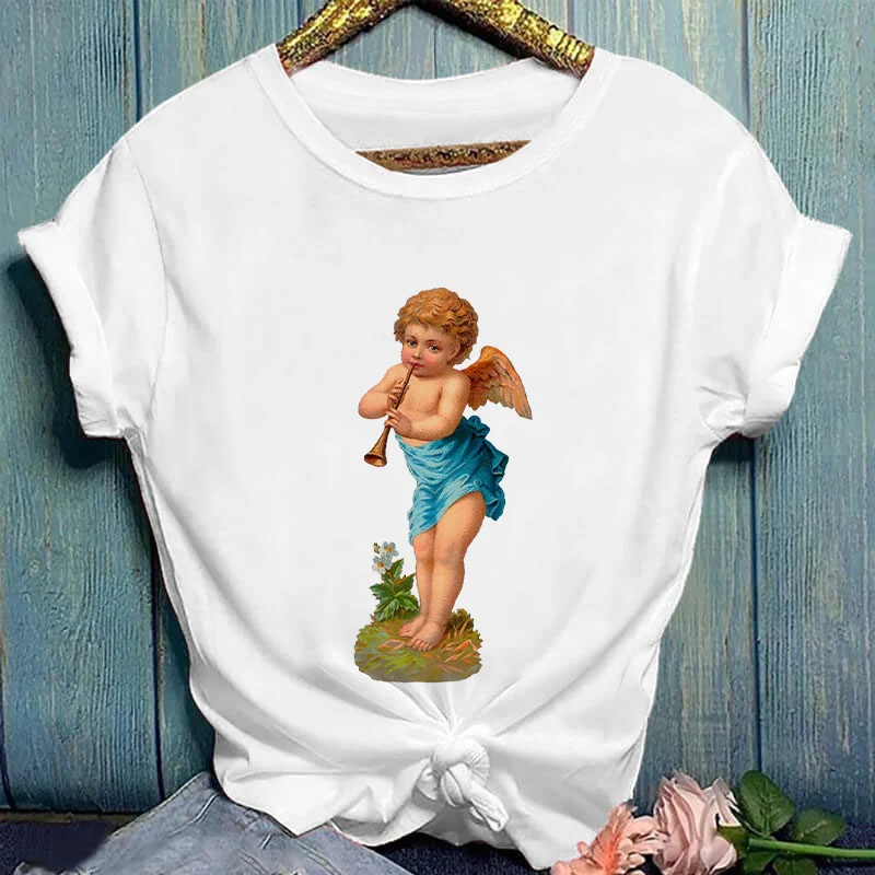 

Женская футболка с рисунком ангела, Повседневная летняя футболка с коротким рукавом, милые женские топы, простые футболки, футболки