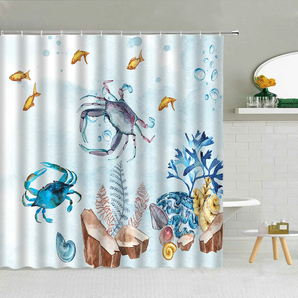 Funny Cartoon Ocean Animal Shower Curtain Dolphin Fish Jellyfish Octopus Whale Shark Crab Creative Bathroom Home Decor Curtains | Дом и сад