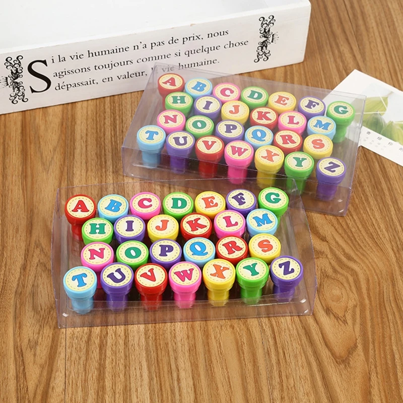 

26 Pcs Alphabets Letters Round Stamp Seal Children Gifts Toys Self Inking Scrapbooking Plate Ink Pads Stamper