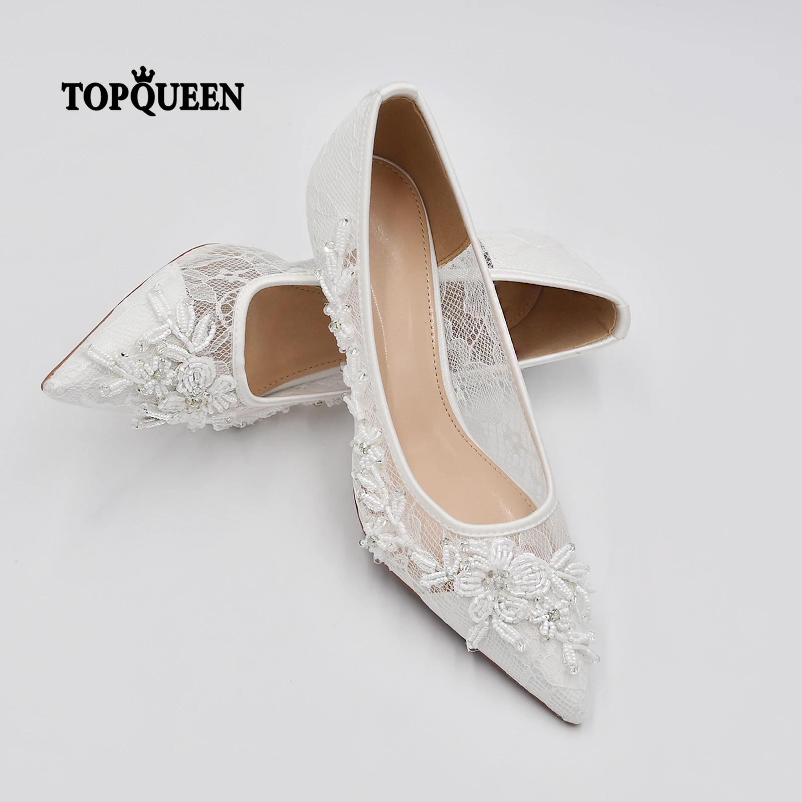 TOPQUEEN Wedding Shoes Bride Woman Shoes New Arrivals 2022 White Lace Bead Elegant Wedding Heels Ladies Wedding Shoes A04