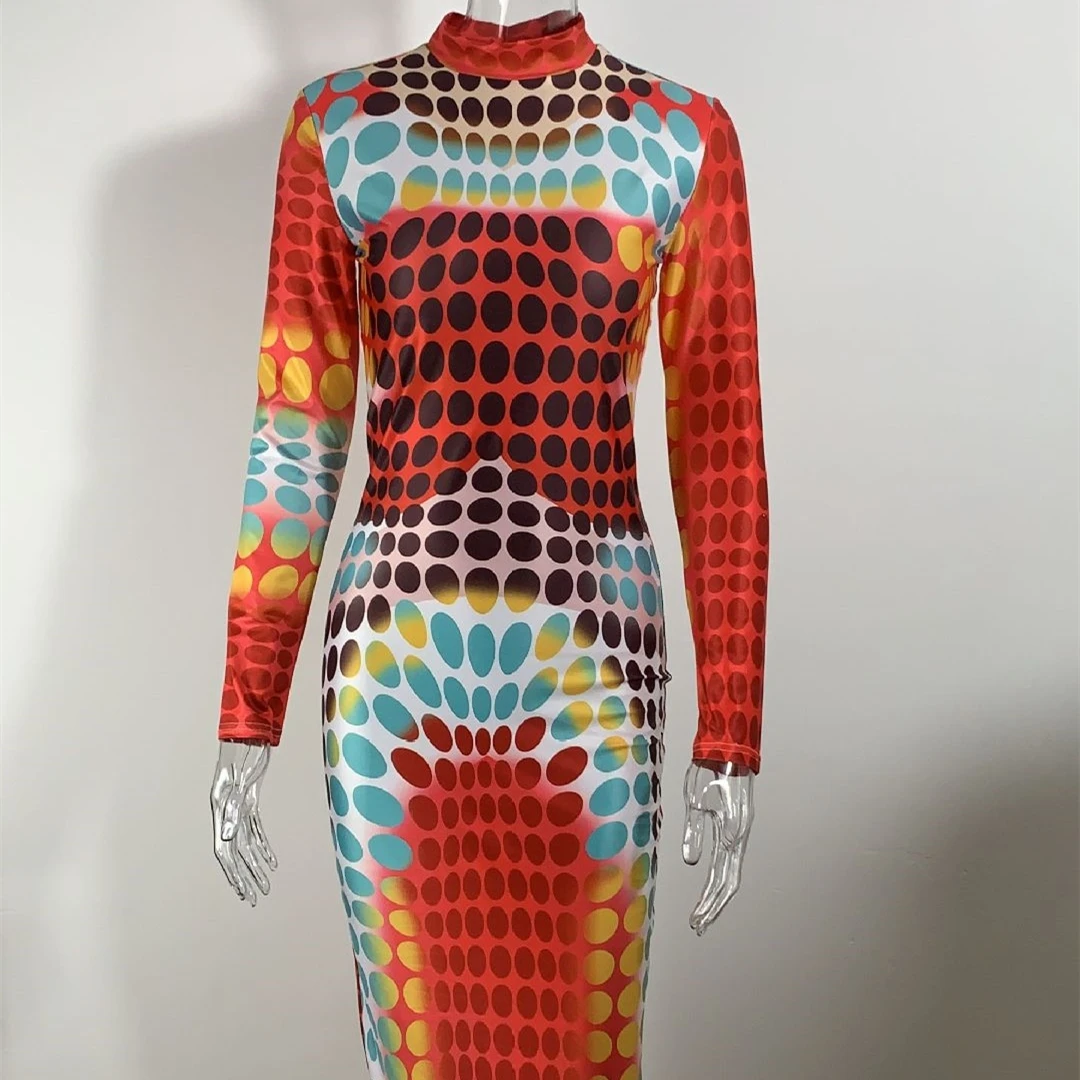 

ANJAMANOR Polka Dot Print Long Sleeve Midi Dresses 2020 Fall Clothing Fashion for Women Plus Size Sexy Bodycon Dress D12-BI26