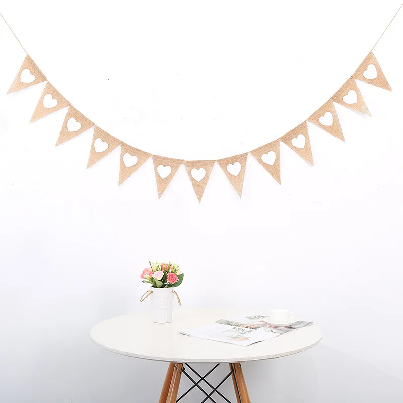 

13pcs Jute Fabric Bunting Banner white Heart Flags vintage Wedding Party Burlap Banners Rustic wedding decoration Cent