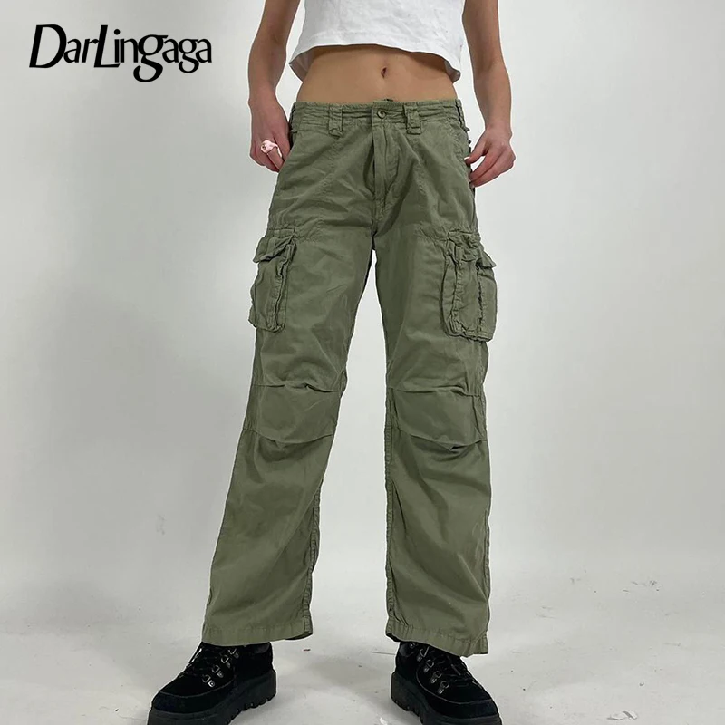 

Darlingaga Casual Green Fairycore Straight Women's Jeans Solid Pockets Cargo Pants Streetwear Baggy Denim Trousers Y2K Aesthetic