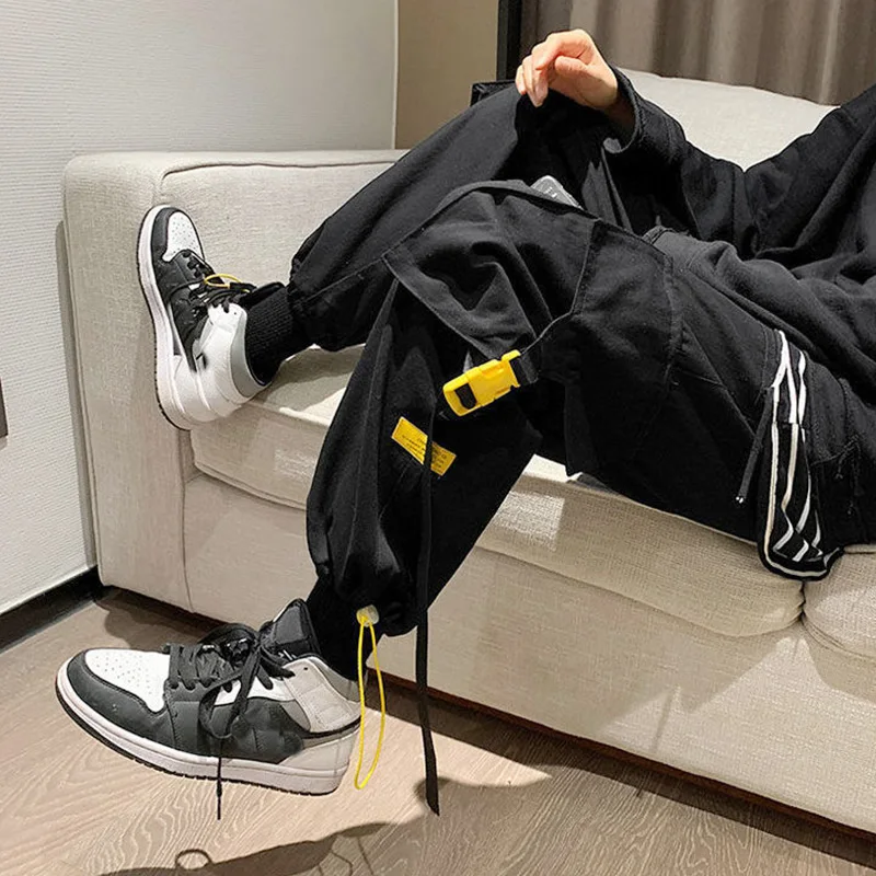 

New Men’s Side Pockets Harem Pants Hip Hop Jogger Sweatpants Male Streetwear Elastic Waist Loose Men Trousers Black Cargo Pants