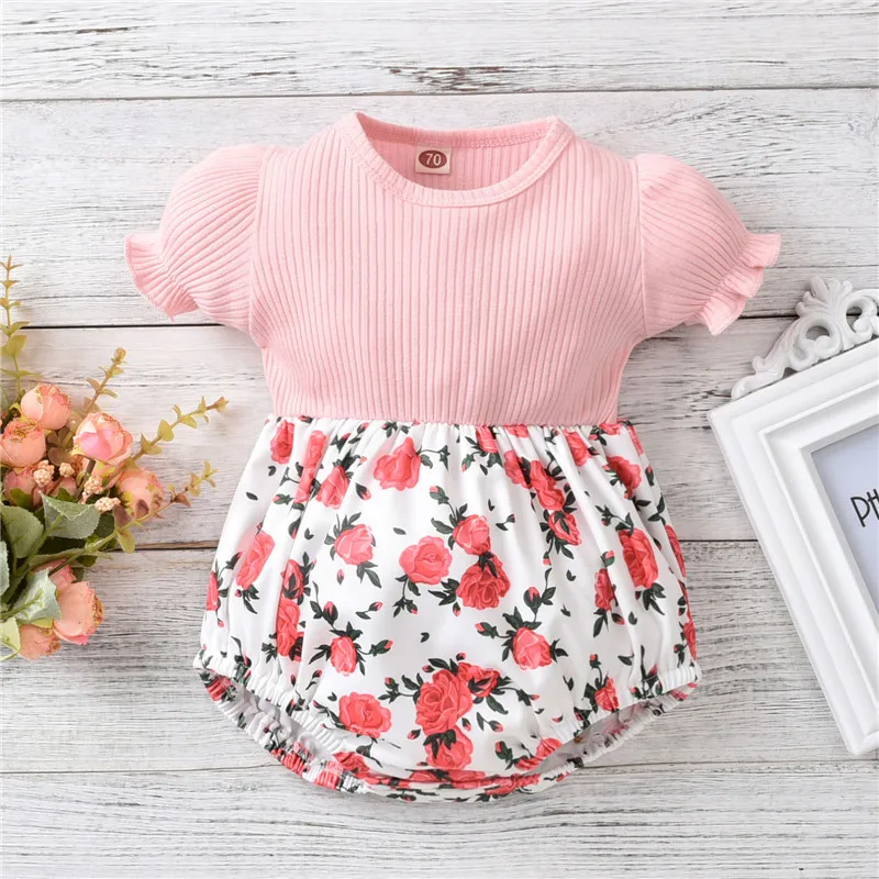 Infant Summer Rompers, Rose Print Splicing Short Jumpsuits with Crotch Button , 0-12 Months Baby Girls Rompers