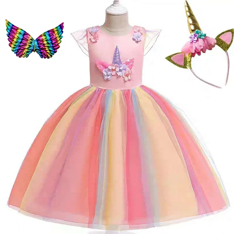 Girls in Unicorn Dresses Picture Rainbow Children's Dresses Children's Girls'Dresses Christmas Halloween Role-playing Dresses