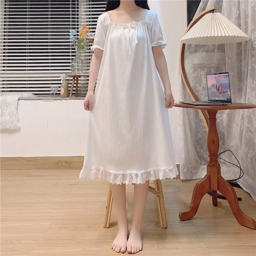 2021 Summer Princess Nightdress Women's Short Sleeve Thin Court Style Sweet Lace Nightgown Lady Mid Long Dress Female Sleepwear